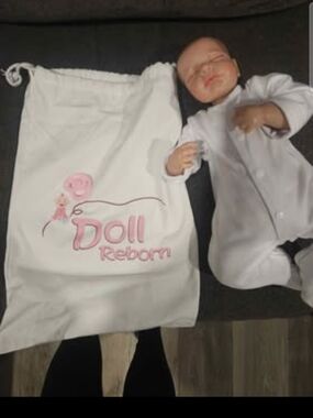 Reborn White Drawstring Doll Storage Bag with Pink Logo